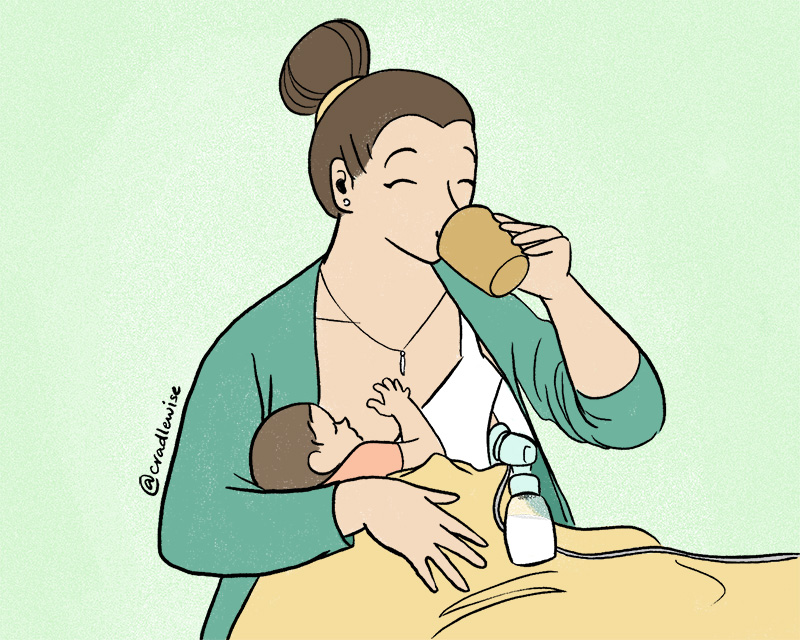 A mom breastfeeding her baby while pumping her breast milk
